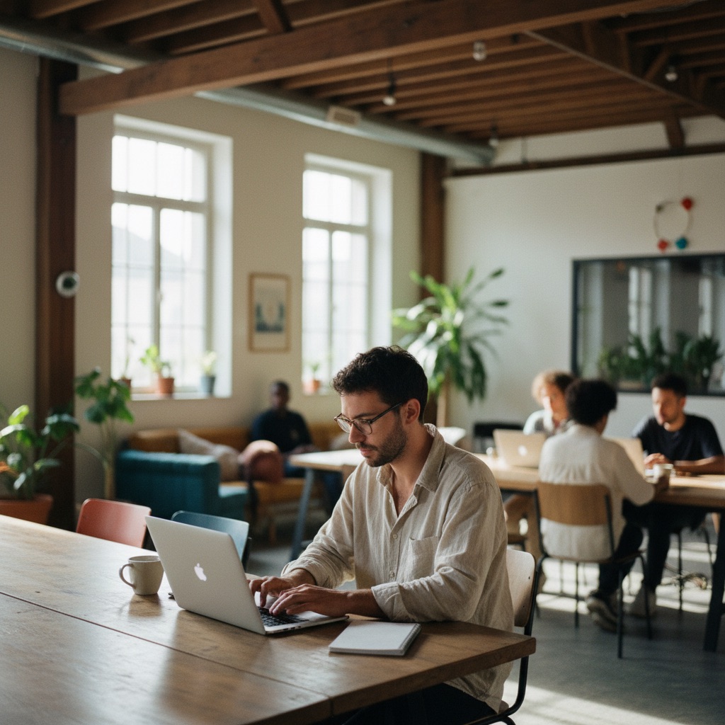 Freelances au travail : Un freelance travaille sur son ordinateur portable dans un espace de coworking lumineux
