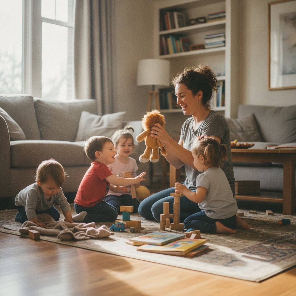 Gardes d'enfants au travail : Une garde d'enfants joue avec de jeunes enfants dans un salon, jeux au sol