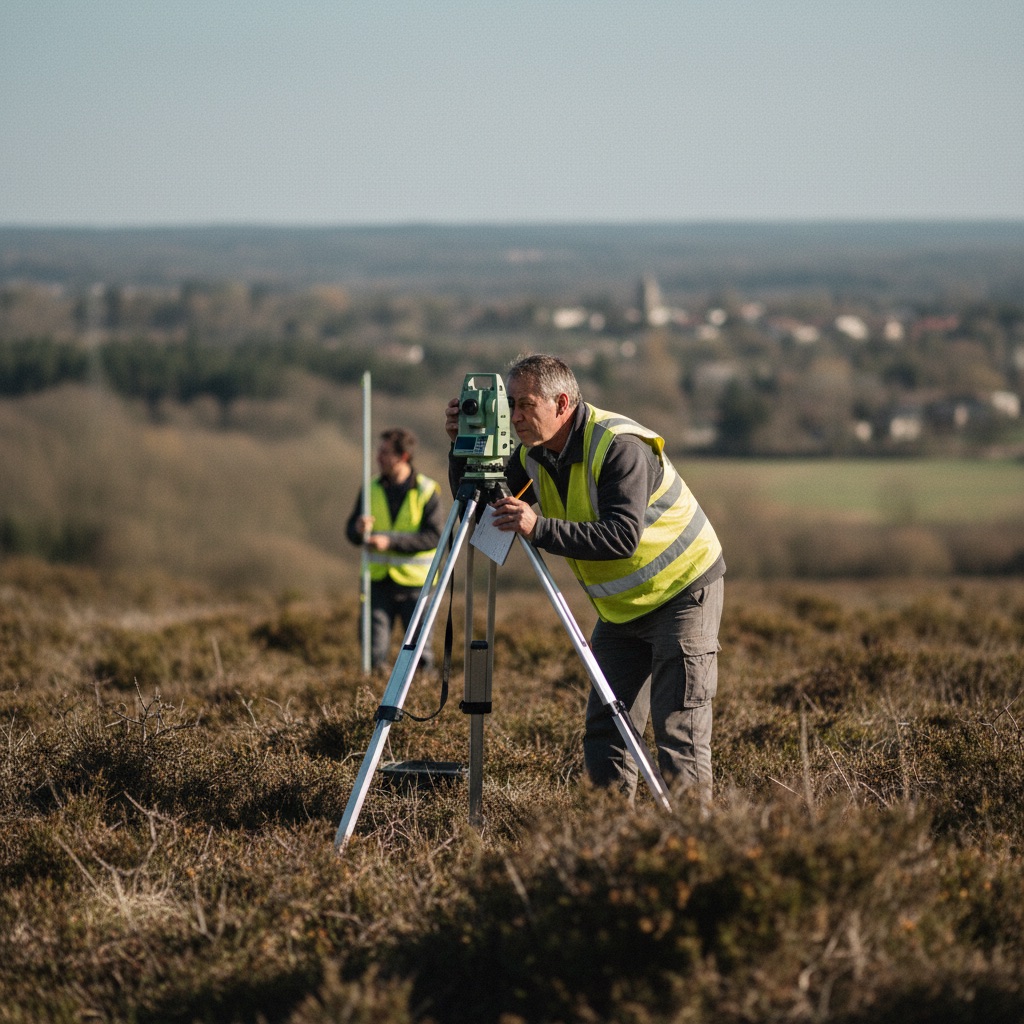 Géomètres au travail : Un géomètre relève des mesures avec un théodolite sur un terrain