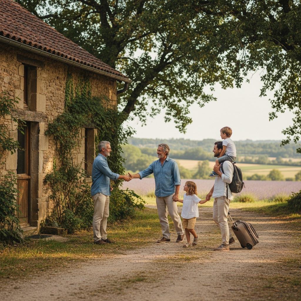 Gîtes au travail : Un propriétaire de gîte accueille des vacanciers devant une maison de campagne en pierre
