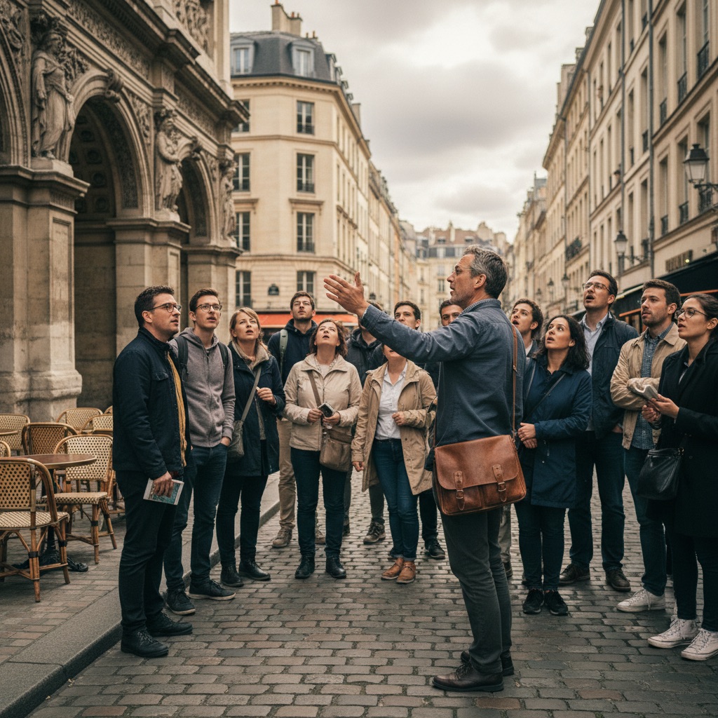 Guides touristiques au travail : Un guide touristique commente un monument à un groupe de visiteurs dans une rue historique