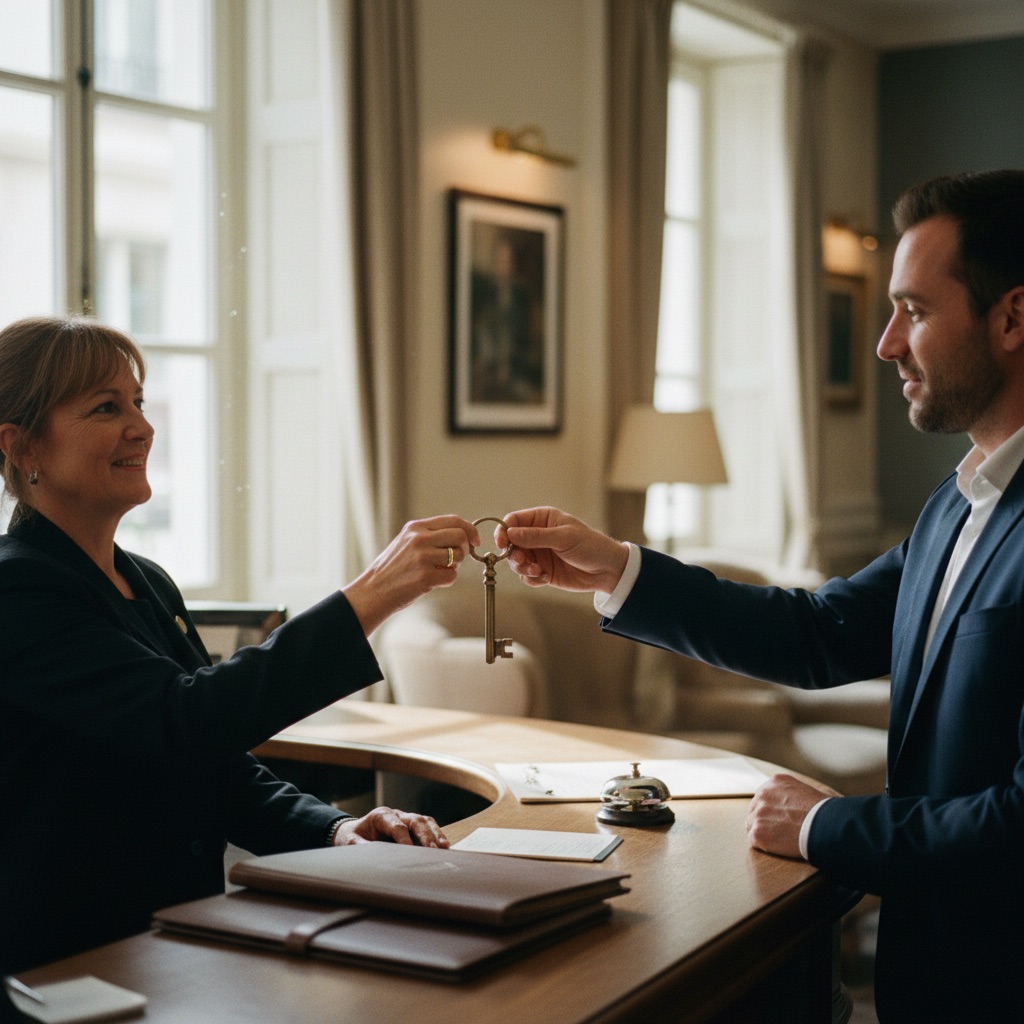 Hôtels indépendants au travail : Un réceptionniste remet une clé à un client au comptoir d'un hôtel de charme