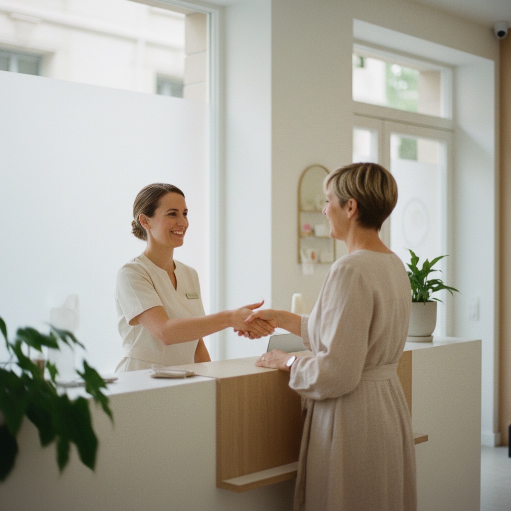 Instituts de beauté au travail : Une esthéticienne accueille une cliente à la réception d'un institut de beauté épuré