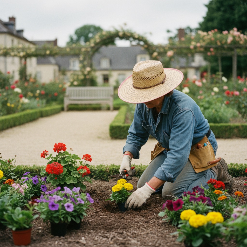 Jardiniers au travail : Un jardinier plante des fleurs dans un massif, sécateur et gants de jardinage