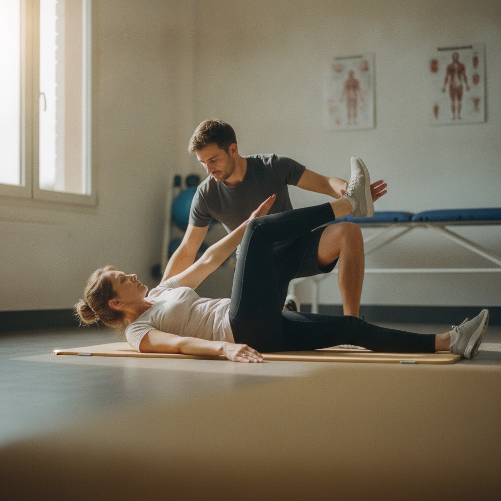 Kinésithérapeutes au travail : Un kinésithérapeute fait faire des exercices de rééducation à un patient sur un tapis, cabinet clair