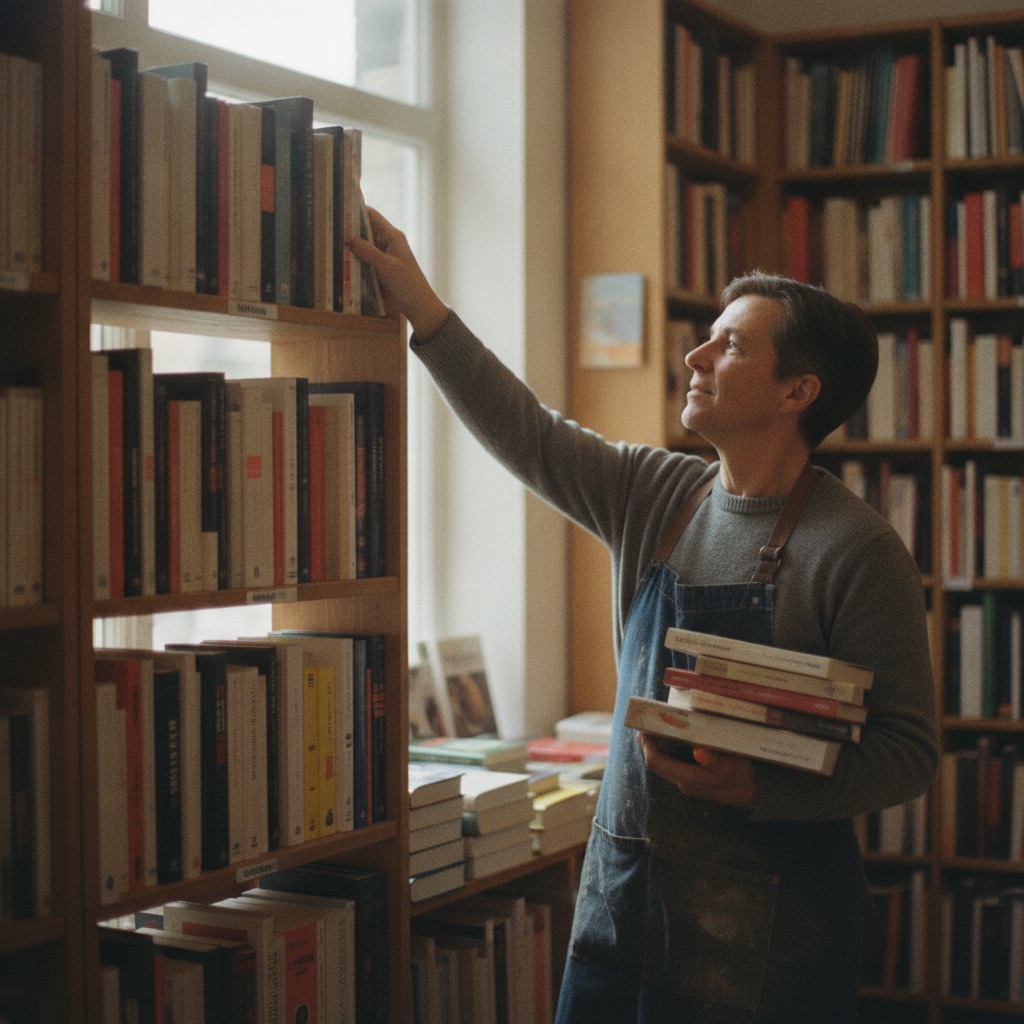 Librairies au travail : Un libraire range des livres sur les étagères d'une librairie chaleureuse