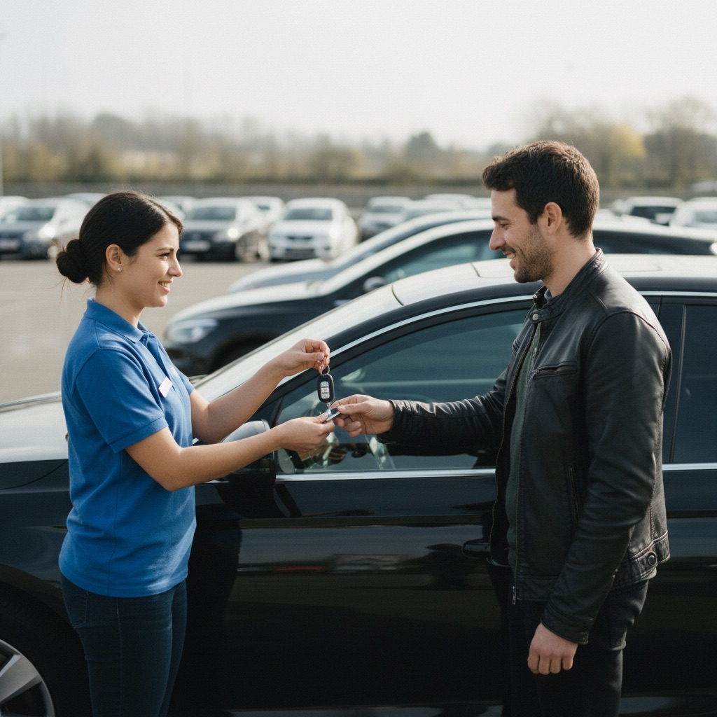 Loueurs de véhicules au travail : Un agent de location remet les clés d'une voiture à un client sur un parking