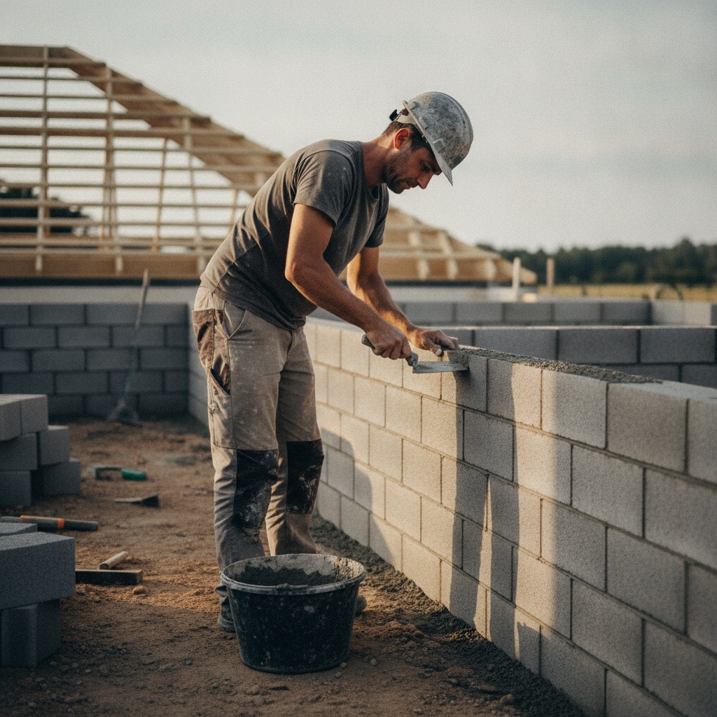 Maçons au travail : Un maçon monte un mur de parpaings à la truelle sur un chantier de maison, seau de mortier à côté