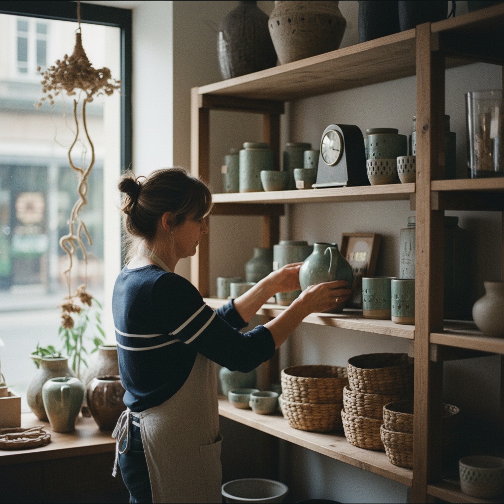 Magasins de décoration au travail : Une commerçante met en scène des objets de décoration sur une étagère