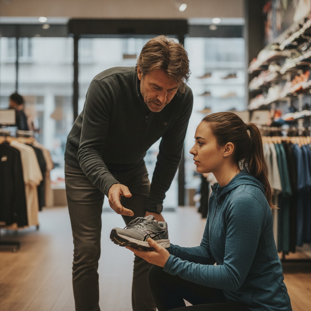 Magasins de sport au travail : Un vendeur conseille un client sur une paire de chaussures de running en magasin de sport