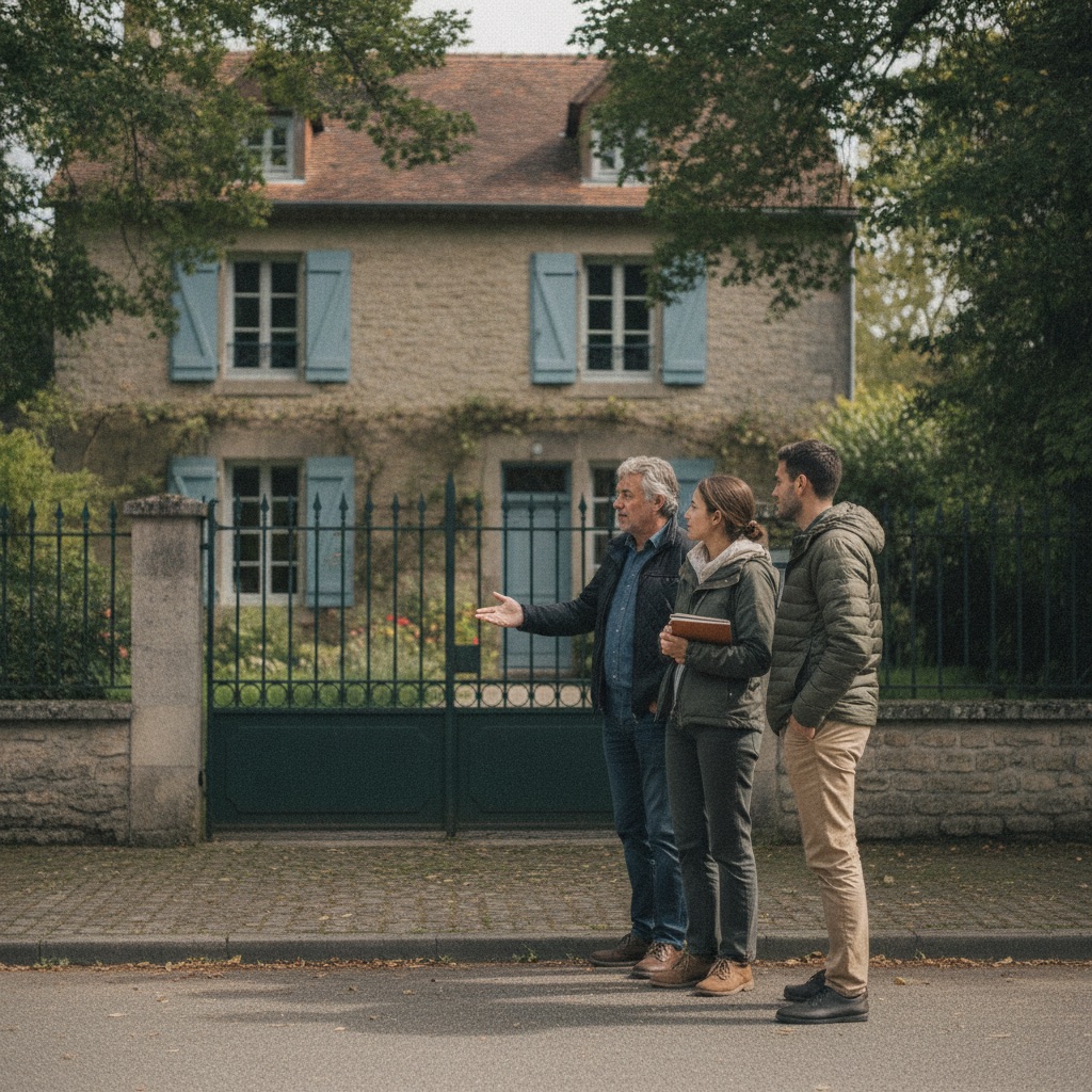 Mandataires immobiliers au travail : Un mandataire immobilier montre une maison à des clients devant le portail