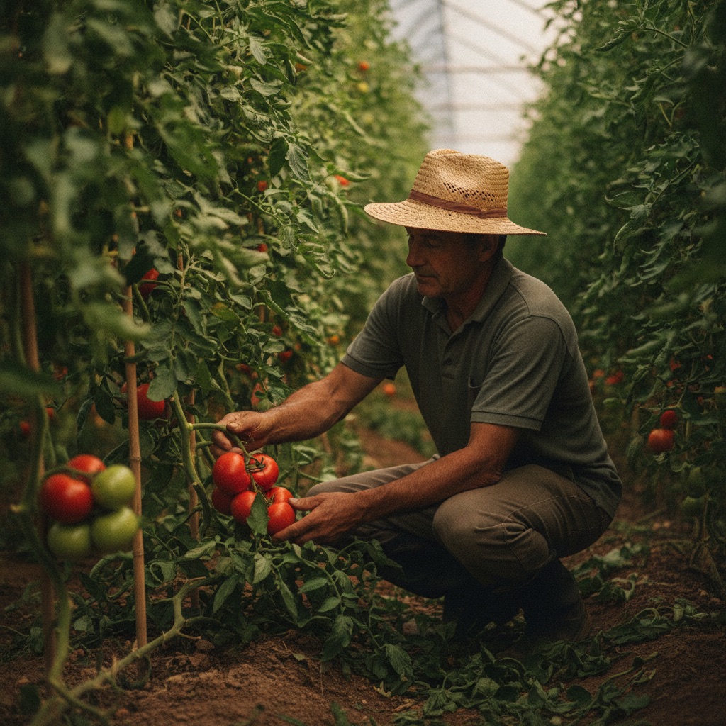 Maraîchers au travail : Un maraîcher récolte des tomates sous une serre verdoyante