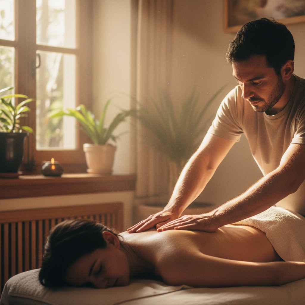 Masseurs au travail : Un masseur pratique un massage du dos sur un client allongé, mains en mouvement, lumière tamisée