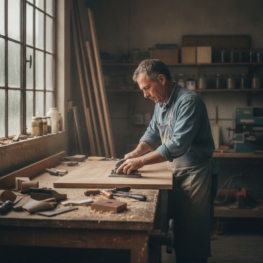 Menuisiers au travail : Un menuisier ponce un plan de travail en bois dans son atelier, copeaux et outils sur l'établi