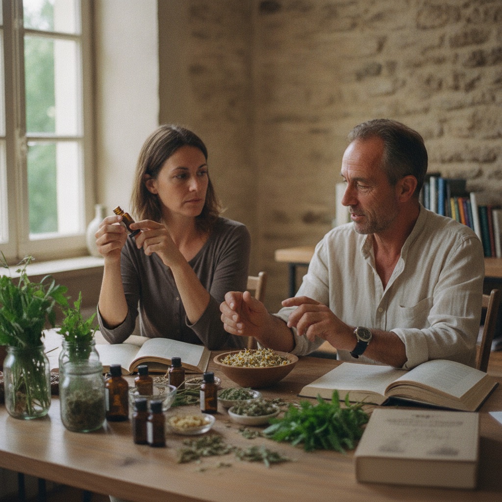 Naturopathes au travail : Un naturopathe conseille une cliente avec des plantes et des huiles essentielles sur la table