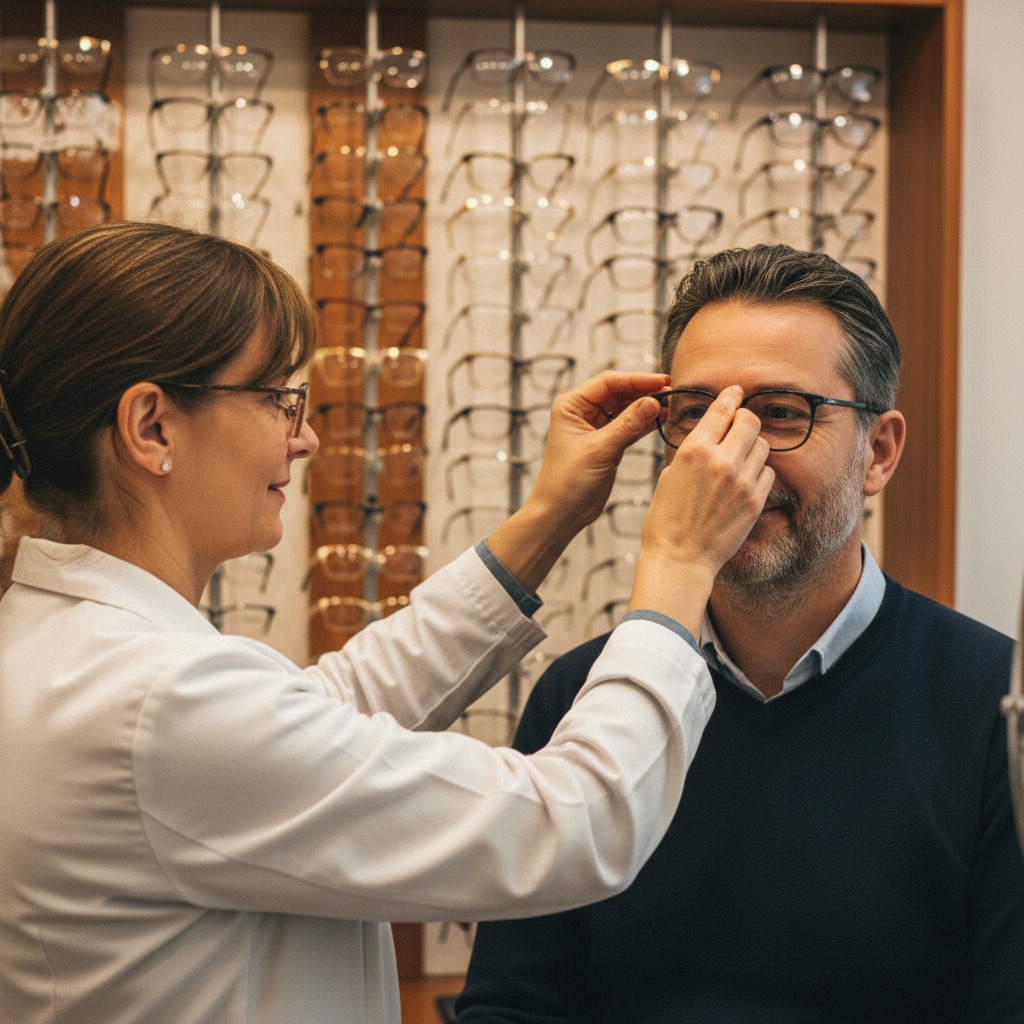 Opticiens au travail : Un opticien ajuste une paire de lunettes sur le visage d'un client devant un mur de montures