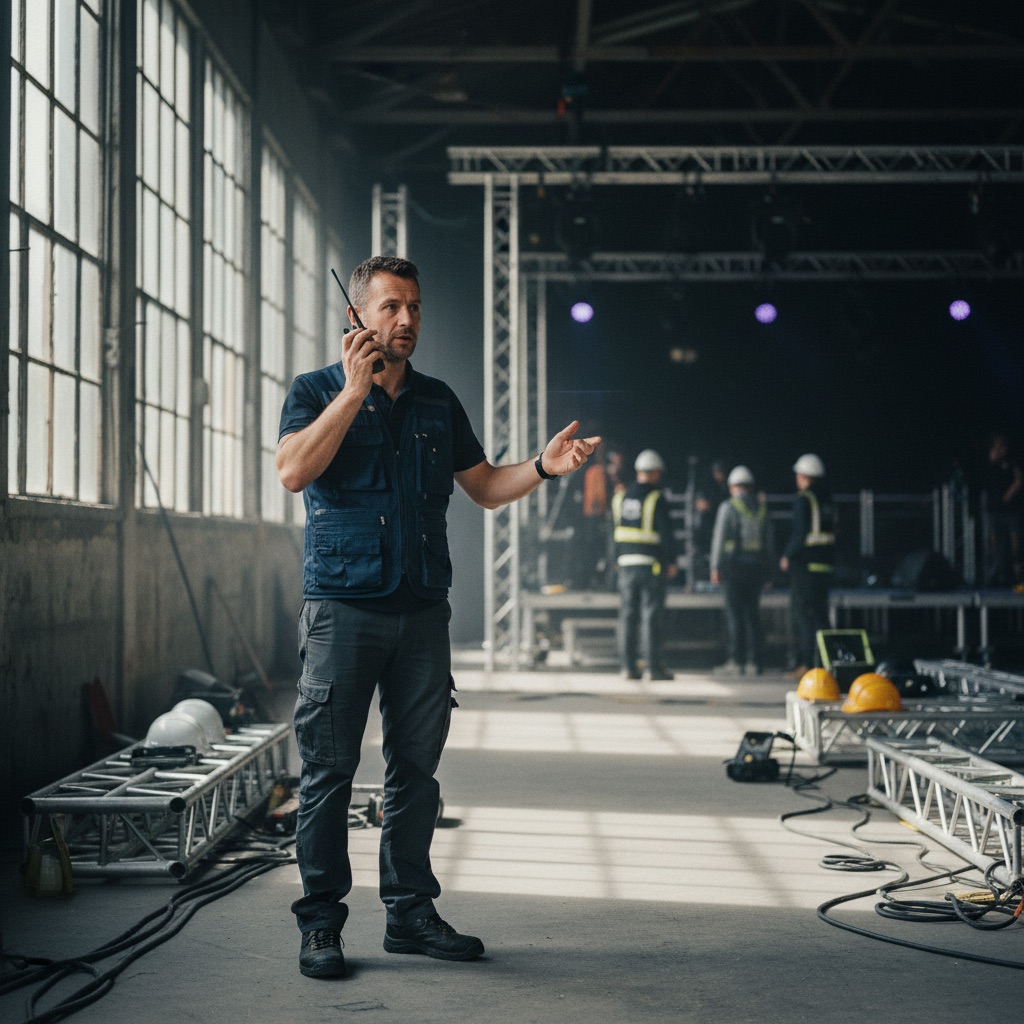 Organisateurs d'événements au travail : Un organisateur d'événement coordonne le montage d'une salle avec un talkie-walkie