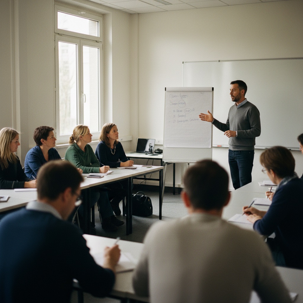 Organismes de formation au travail : Un formateur anime une formation devant un groupe d'adultes en salle, paperboard