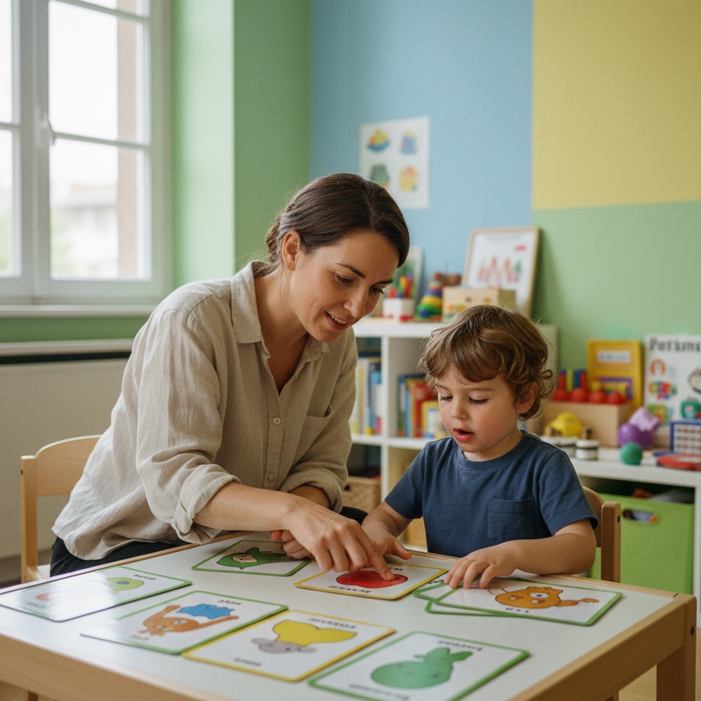 Orthophonistes au travail : Une orthophoniste travaille avec un enfant à l'aide de cartes imagées dans un cabinet coloré