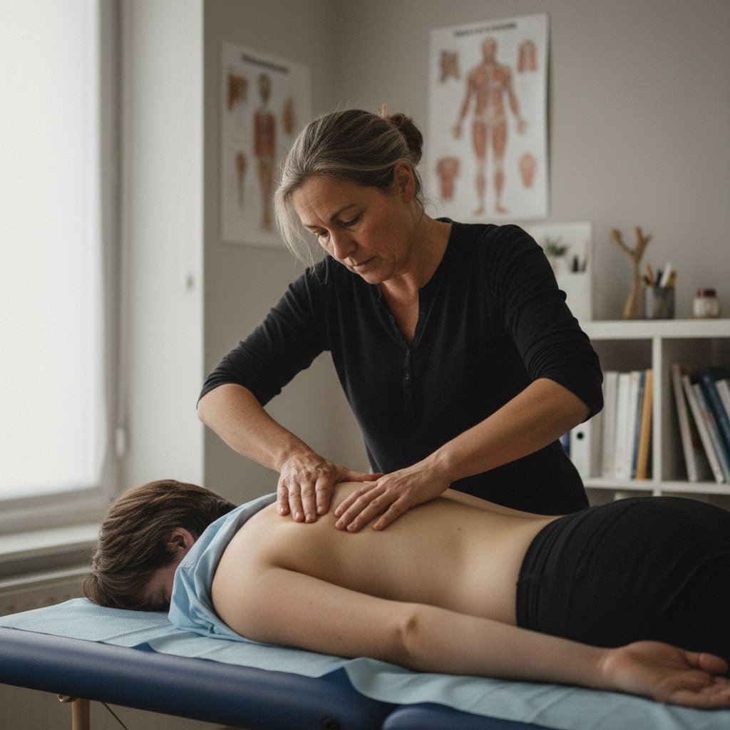 Ostéopathes au travail : Un ostéopathe manipule le dos d'un patient allongé sur une table de soin