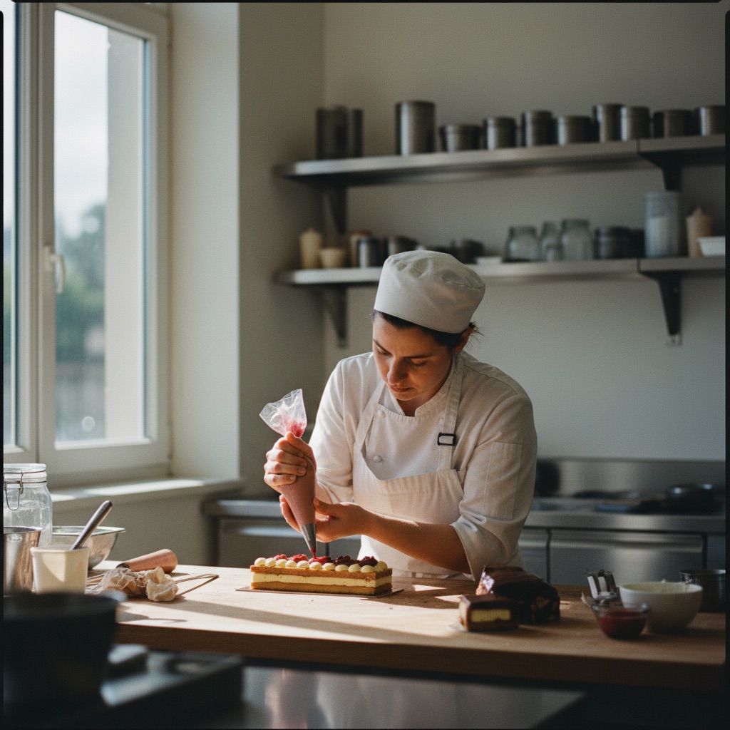 Pâtisseries au travail : Un pâtissier décore un entremets à la poche à douille dans son laboratoire