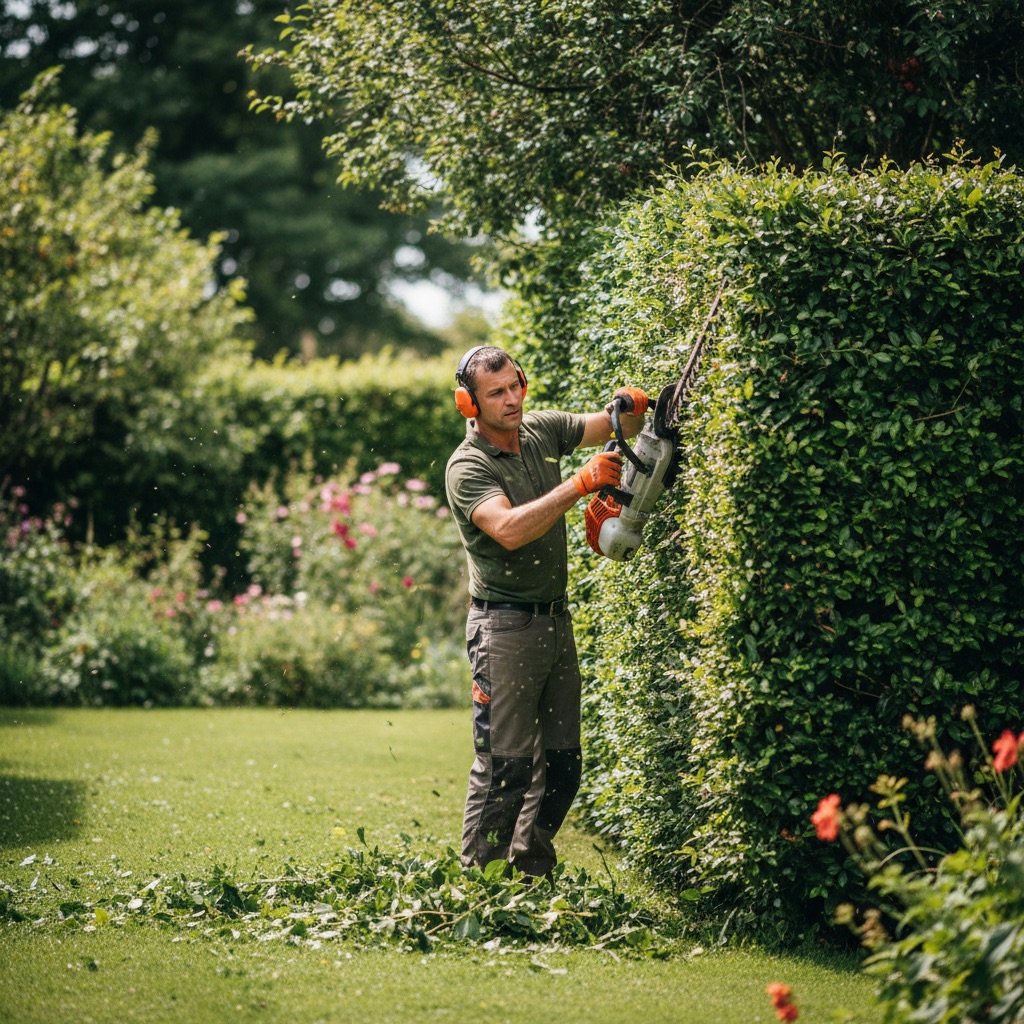 Paysagistes au travail : Un paysagiste taille une haie au taille-haie thermique dans un jardin verdoyant