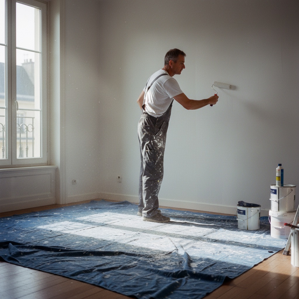 Peintres au travail : Un peintre en bâtiment applique de la peinture blanche au rouleau sur un mur d'appartement, bâche au sol