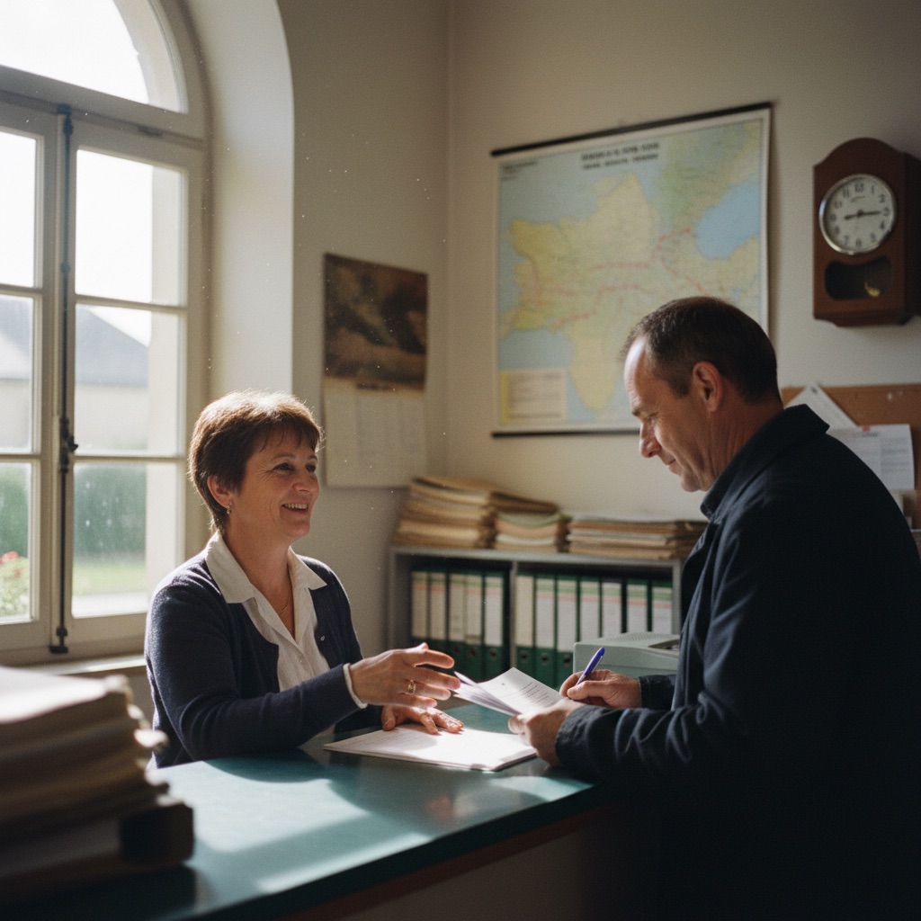 Petites collectivités au travail : Une employée de mairie accueille un administré au guichet d'une petite commune