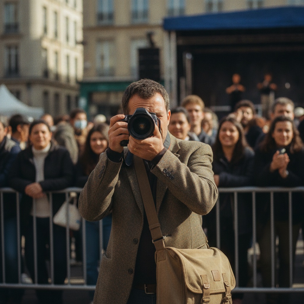 Photographes au travail : Un photographe capture une scène, appareil devant le visage, lors d'un événement