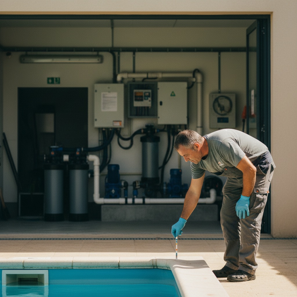 Piscinistes au travail : Un pisciniste teste l'eau d'une piscine avec une bandelette, local technique en arrière-plan