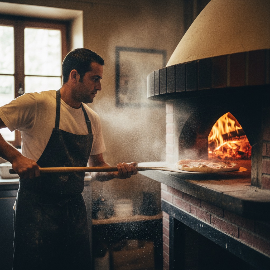 Pizzerias au travail : Un pizzaiolo enfourne une pizza dans un four à bois, léger nuage de farine