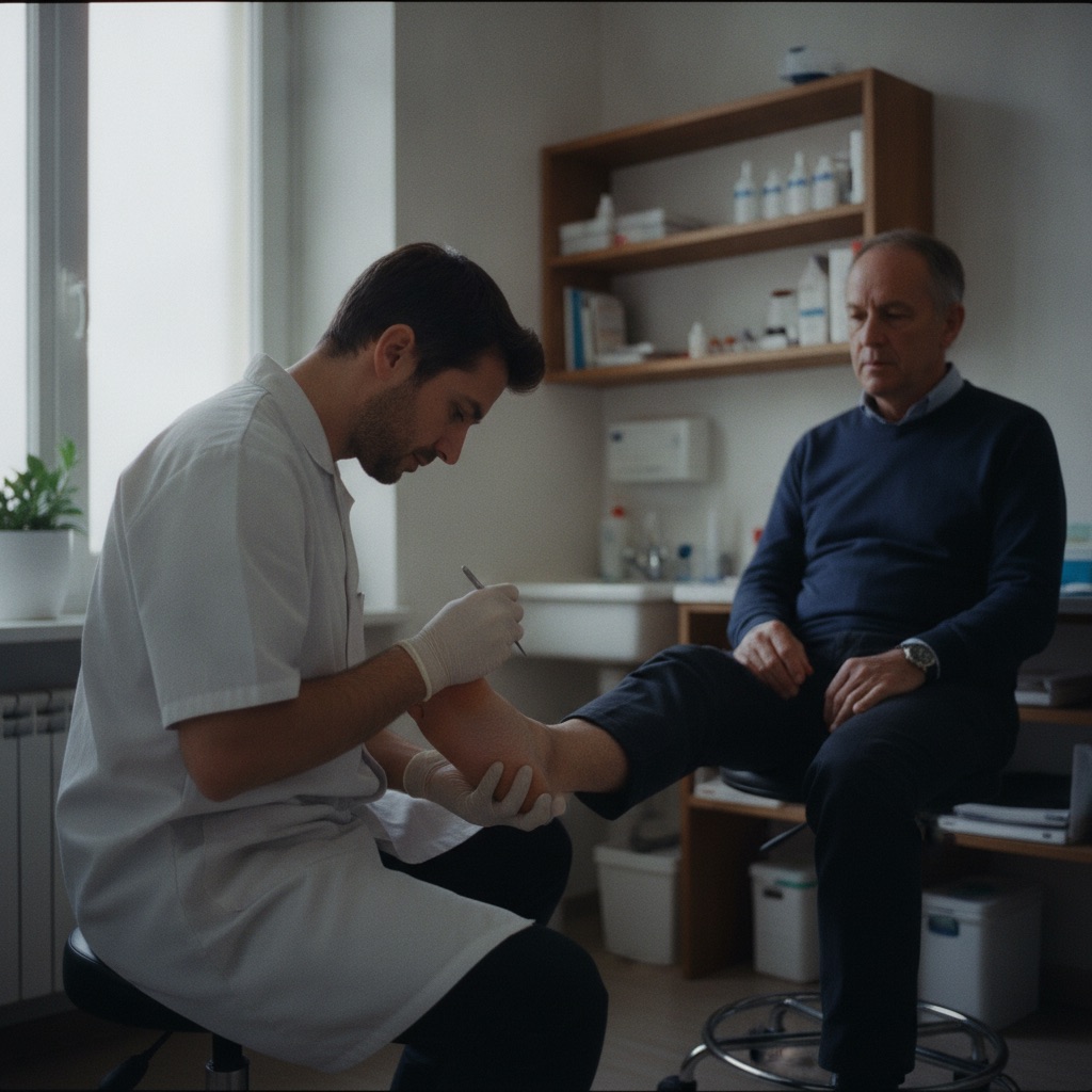 Podologues au travail : Un podologue examine le pied d'un patient assis dans un cabinet médical