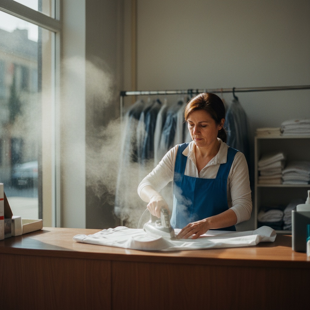 Pressings au travail : Une employée de pressing repasse une chemise à la vapeur derrière son comptoir