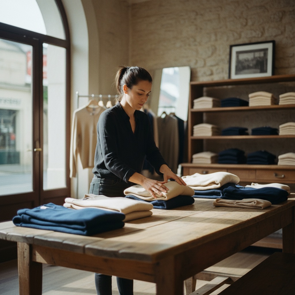 Prêt-à-porter au travail : Une conseillère plie des pulls sur une table dans un magasin de prêt-à-porter
