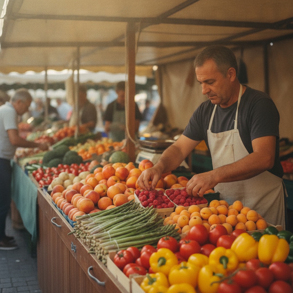 Primeurs au travail : Un primeur dispose des fruits et légumes colorés sur son étal de marché