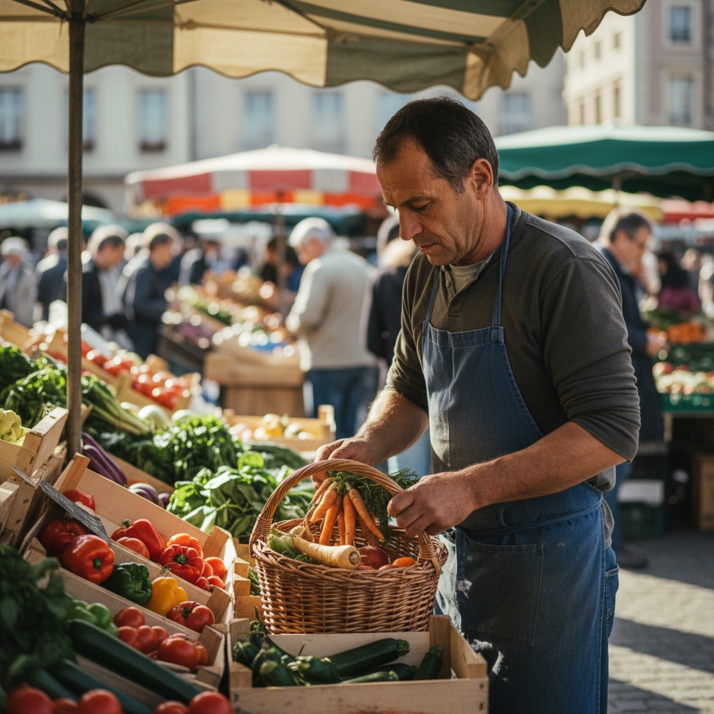 Producteurs en circuit court au travail : Un producteur remplit un panier de légumes frais sur son stand de marché