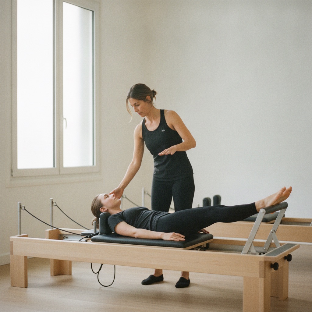 Professeurs de pilates au travail : Un professeur de pilates ajuste une élève sur un reformer dans un studio épuré