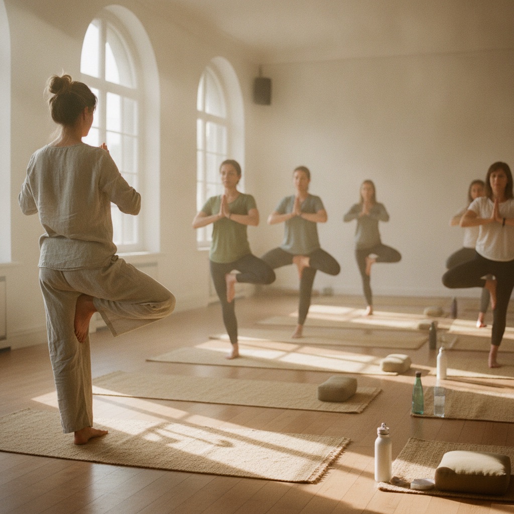 Professeurs de yoga au travail : Une professeure de yoga guide une posture dans un studio lumineux, tapis alignés