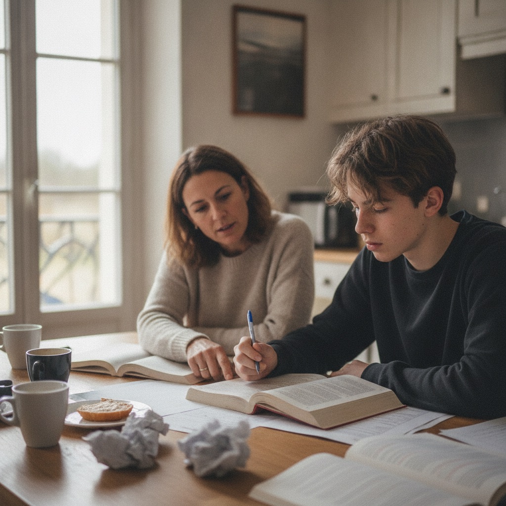 Professeurs particuliers au travail : Un professeur particulier aide un adolescent à réviser à la table de la cuisine