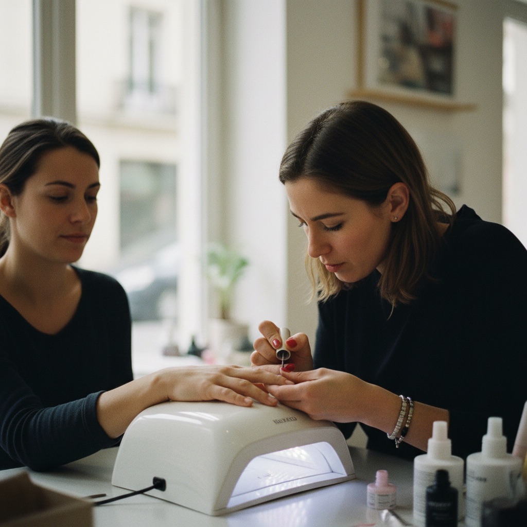 Prothésistes ongulaires au travail : Une prothésiste ongulaire pose du vernis semi-permanent sur les ongles d'une cliente, lampe UV