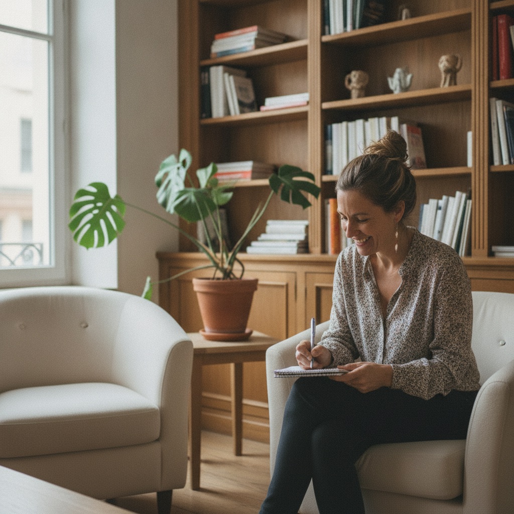 Psychologues au travail : Une psychologue écoute un patient assis face à elle dans un cabinet chaleureux