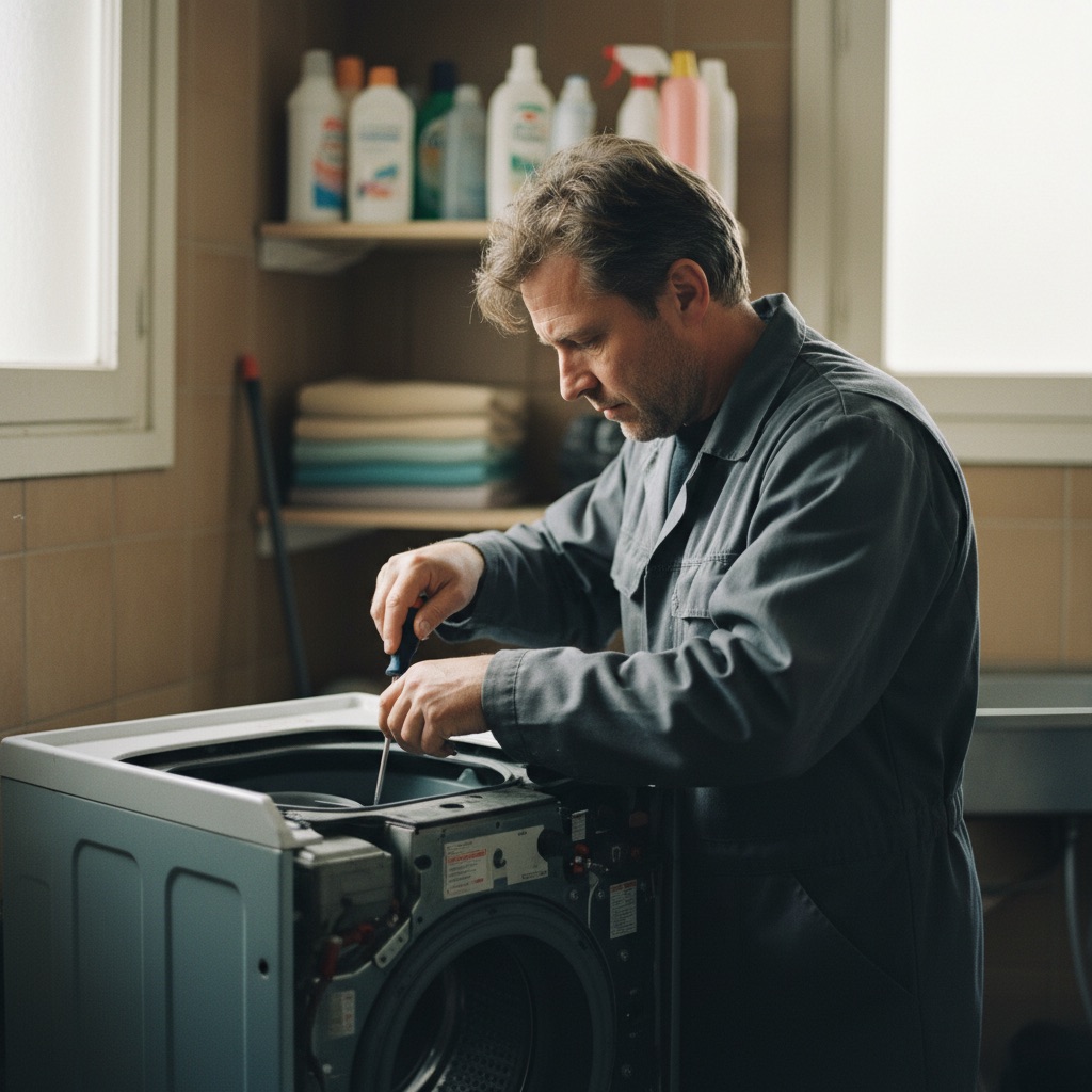 Réparateurs électroménager au travail : Un réparateur démonte un lave-linge avec un tournevis dans une buanderie
