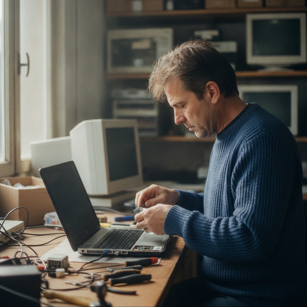 Réparateurs informatique au travail : Un réparateur informatique change un composant dans un ordinateur portable ouvert, atelier