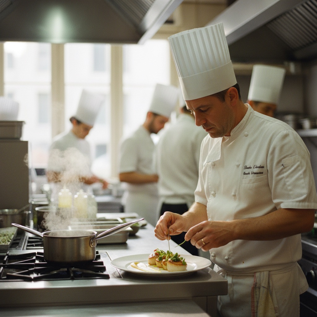 Restaurants au travail : Un chef dresse une assiette gastronomique en cuisine de restaurant, plein coup de feu