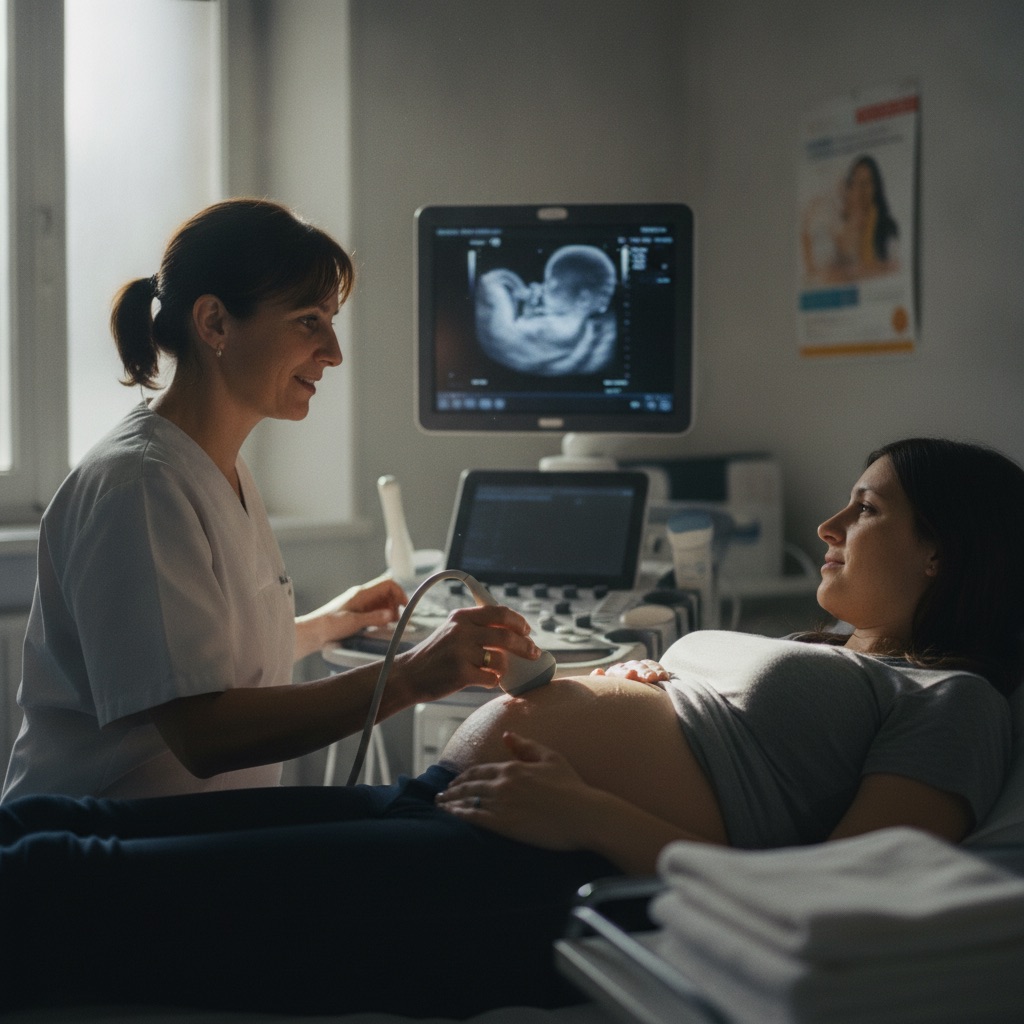 Sages-femmes au travail : Une sage-femme réalise une échographie à une femme enceinte, écran et gel