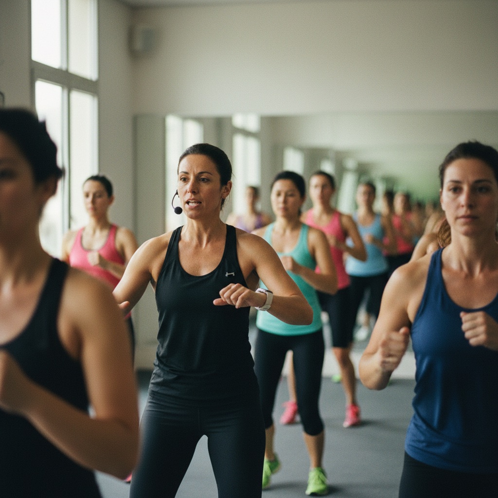 Salles de fitness au travail : Une coach anime un cours collectif de fitness dans une salle avec miroirs