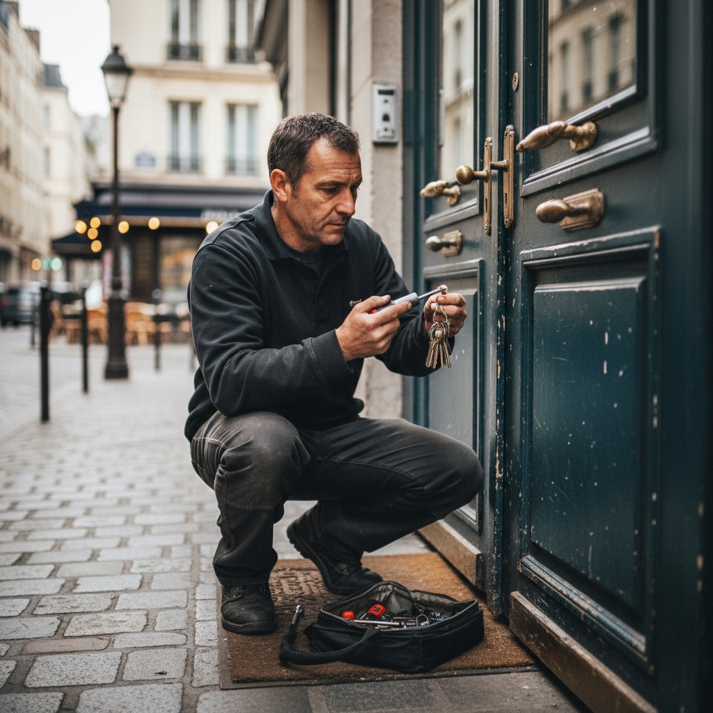 Serruriers au travail : Un serrurier change un cylindre de serrure sur une porte d'entrée, trousseau de clés à la main