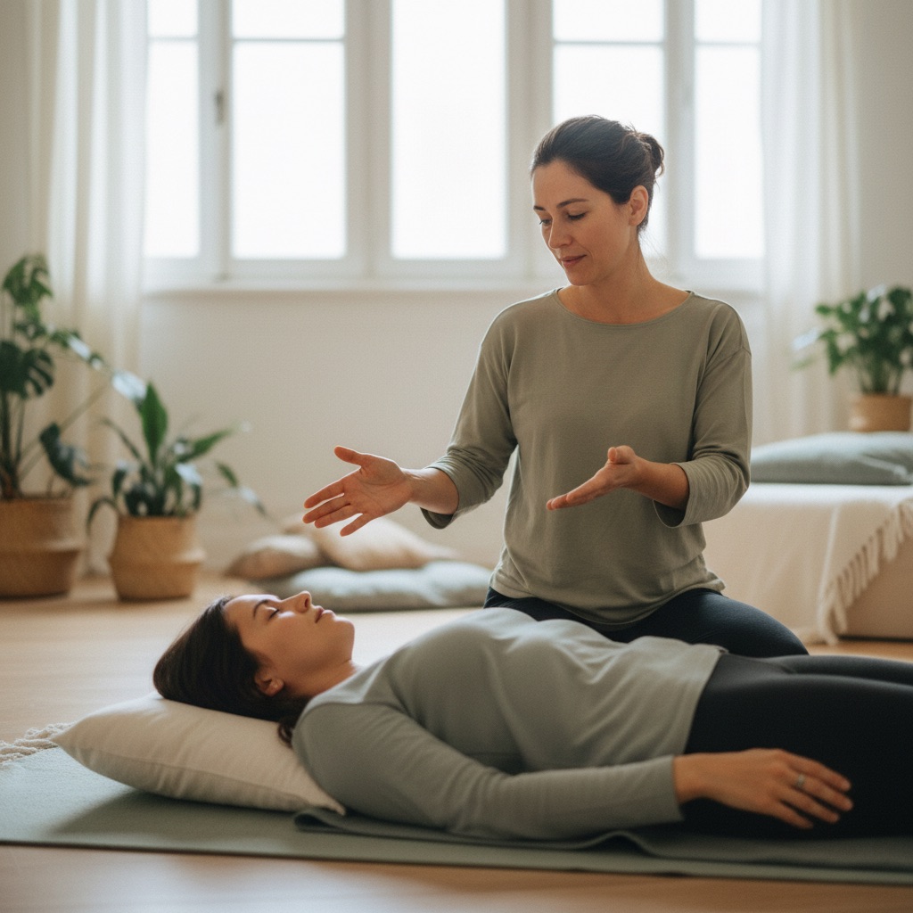 Sophrologues au travail : Une sophrologue guide une séance de relaxation, cliente allongée, ambiance apaisante