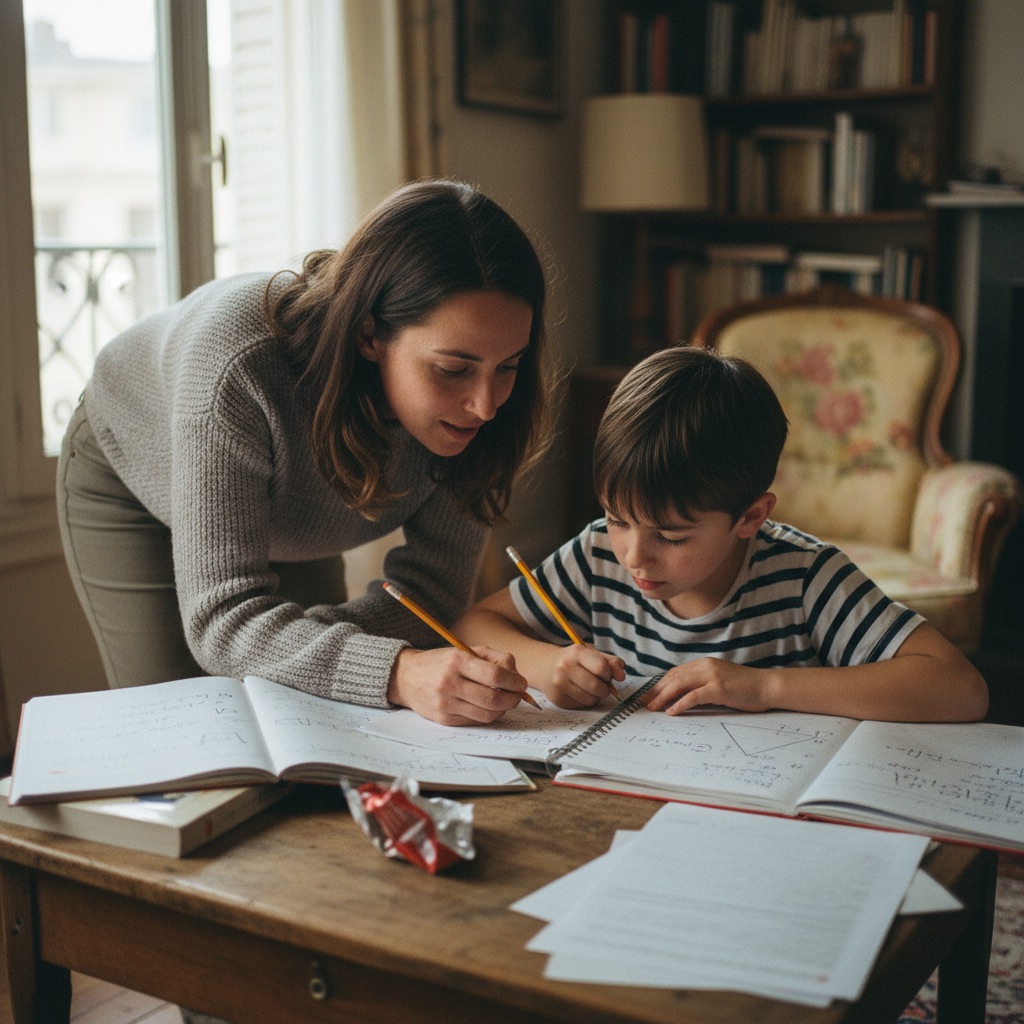 Soutien scolaire au travail : Une enseignante de soutien scolaire explique un exercice à un enfant, cahiers ouverts