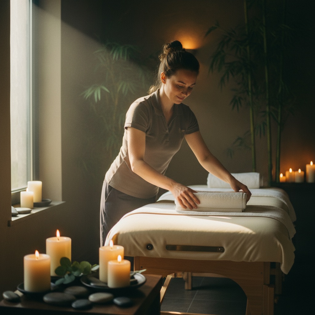 Spas au travail : Une praticienne de spa prépare une table de massage avec serviettes et bougies, ambiance zen